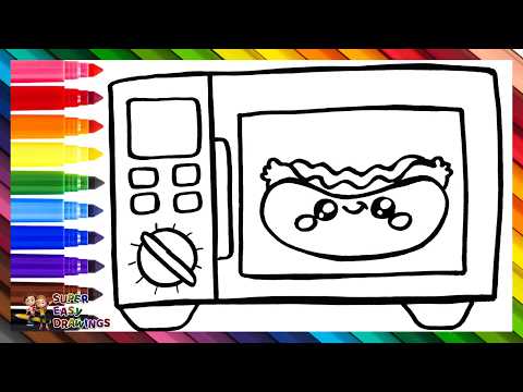 Preview of Draw and Color a Microwave with a Cute Hot Dog 🌭🌈 Drawings for Kids