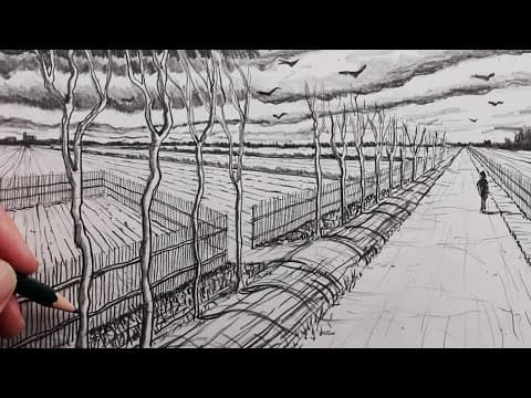 Preview of How to Draw a Country Road Landscape: Step by Step Pencil Sketch