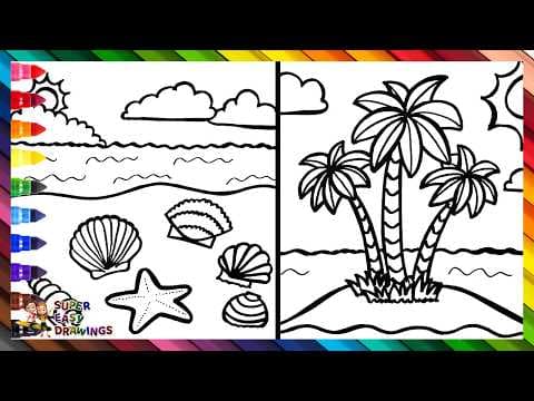 Preview of Draw and Color a Beach with Seashells and an Island 🏖️🐚🏝️🌊🌤️🌈 Drawings for Kids