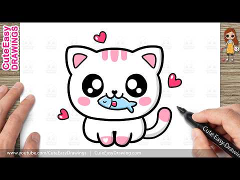 Preview of How to Draw a Cute Cat Holding a Fish | Easy Kawaii Kitty Cat Drawing for Kids and Toddlers!