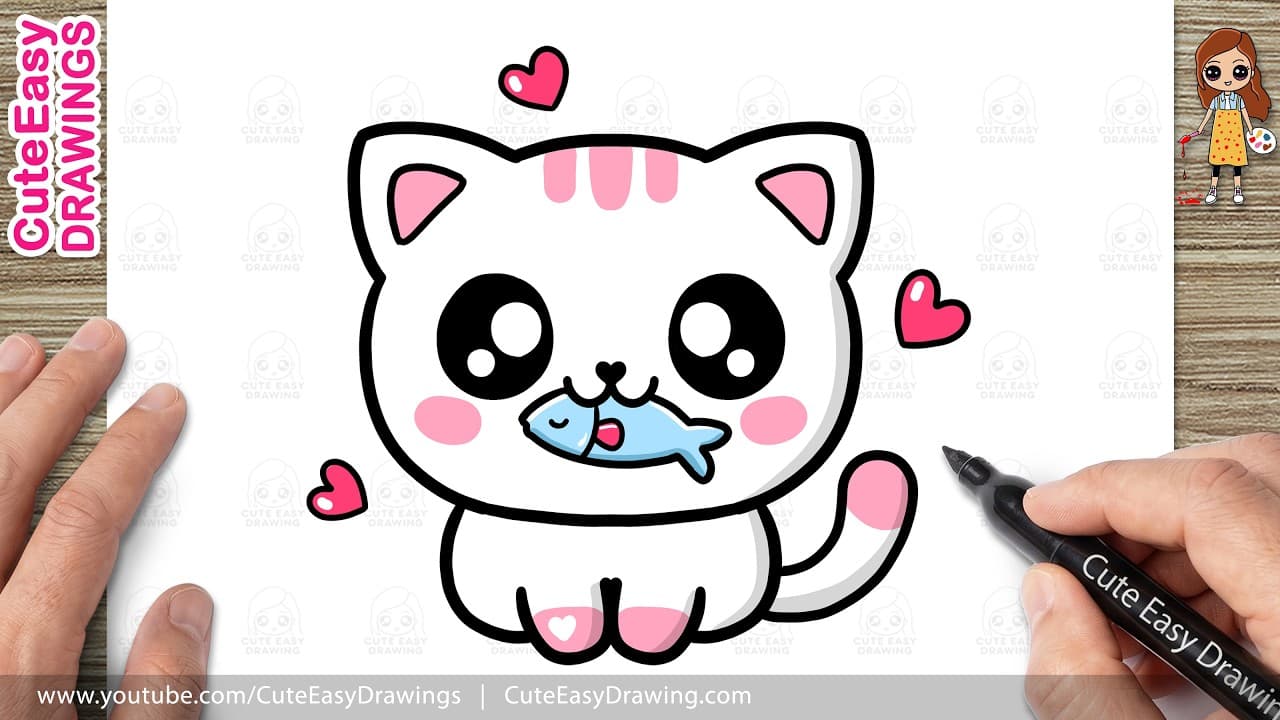 Preview of How to Draw a Cute Cat Holding a Fish | Easy Kawaii Kitty Cat Drawing for Kids and Toddlers!