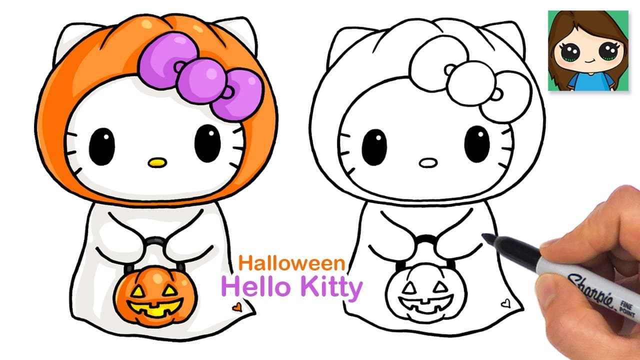 Preview of How to Draw Hello Kitty Pumpkin Ghost 🎃👻 Sanrio Halloween Cute Art