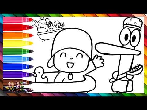 Preview of Draw and Color Pocoyó, Pato, and Elly Taking a Bath 👶🦆🐘🛁🫧🌈 Drawings for Kids