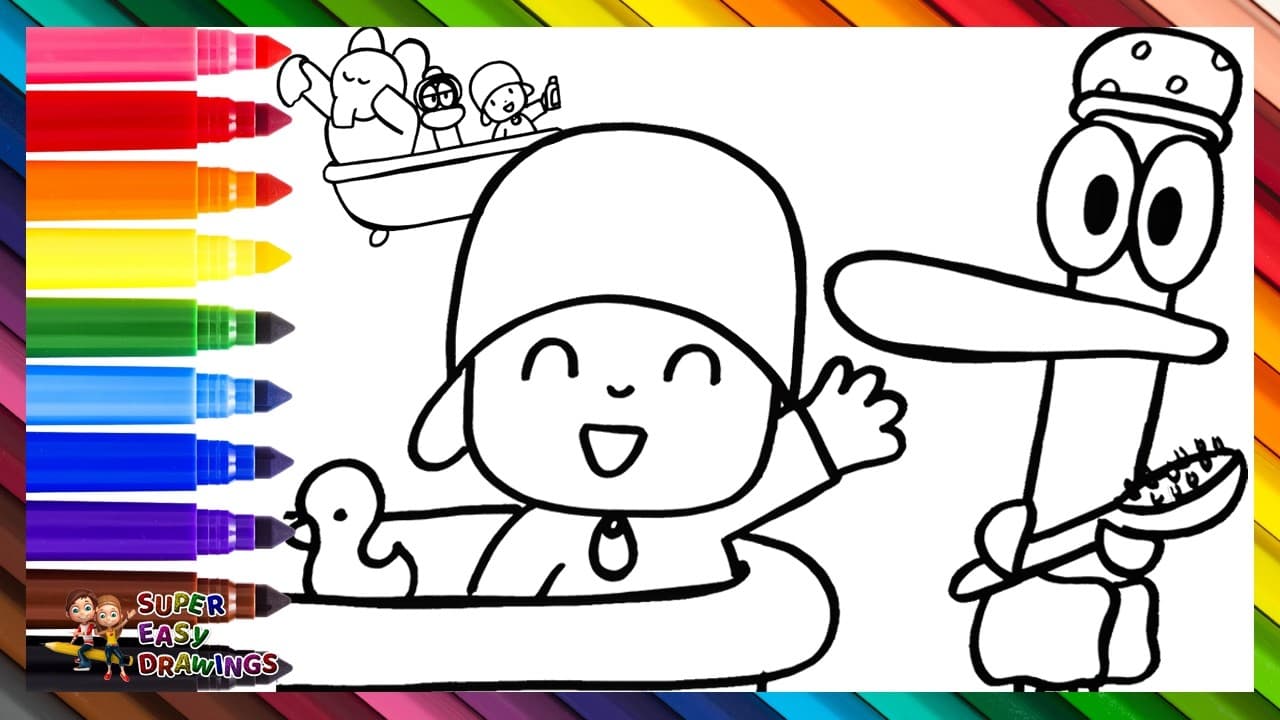 Preview of Draw and Color PocoyΓ³, Pato, and Elly Taking a Bath πΆπ¦πππ«§π Drawings for Kids