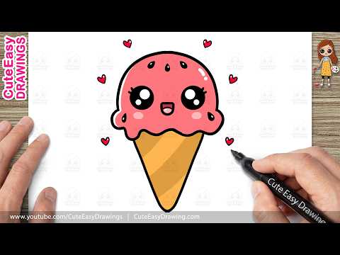 Preview of How to Draw a Cute Watermelon Ice Cream Cone Easy Step by Step | Kawaii Summer Drawing for Kids!