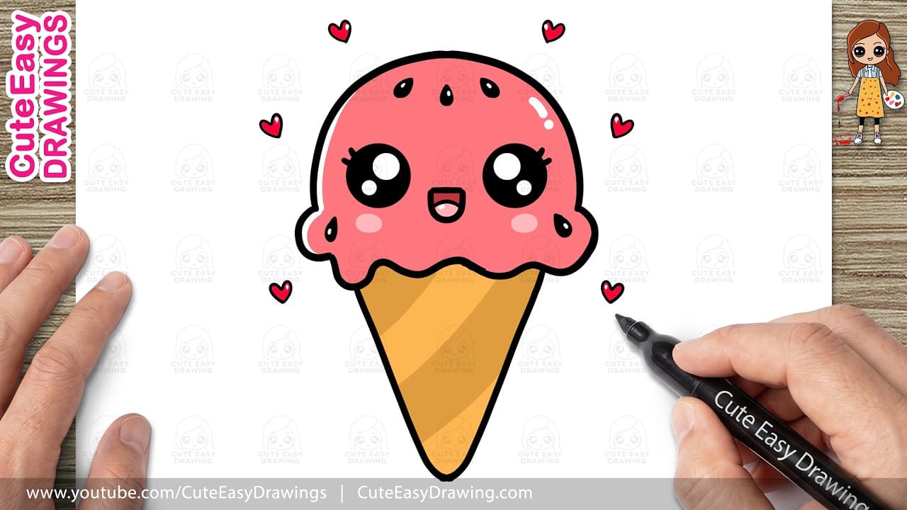 Preview of How to Draw a Cute Watermelon Ice Cream Cone Easy Step by Step | Kawaii Summer Drawing for Kids!