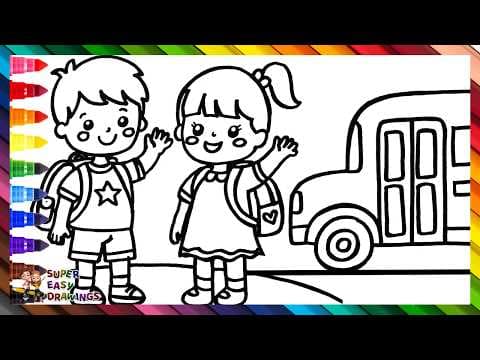 Preview of Draw And Color A Girl And A Boy Going Back To School 👦👧🎒📚✏️🏫🌈 Drawings For Kids