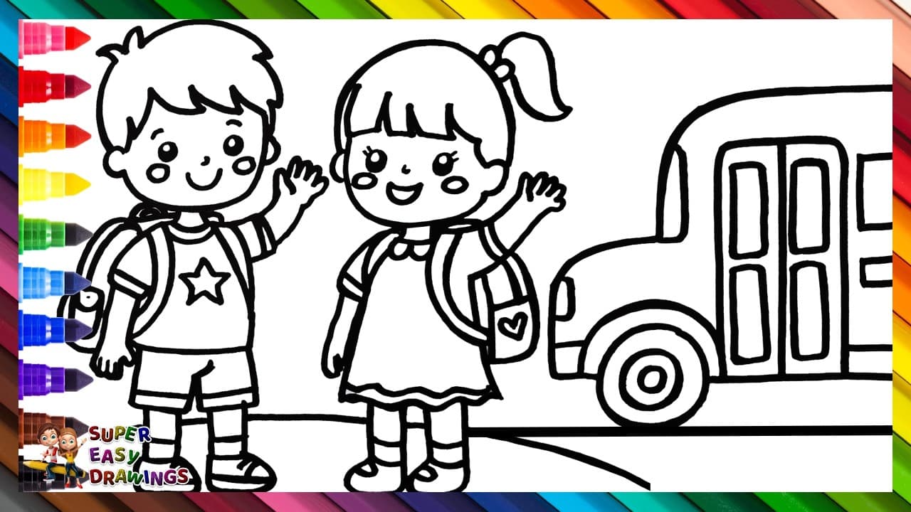 Preview of Draw And Color A Girl And A Boy Going Back To School π¦π§ππβοΈπ«π Drawings For Kids