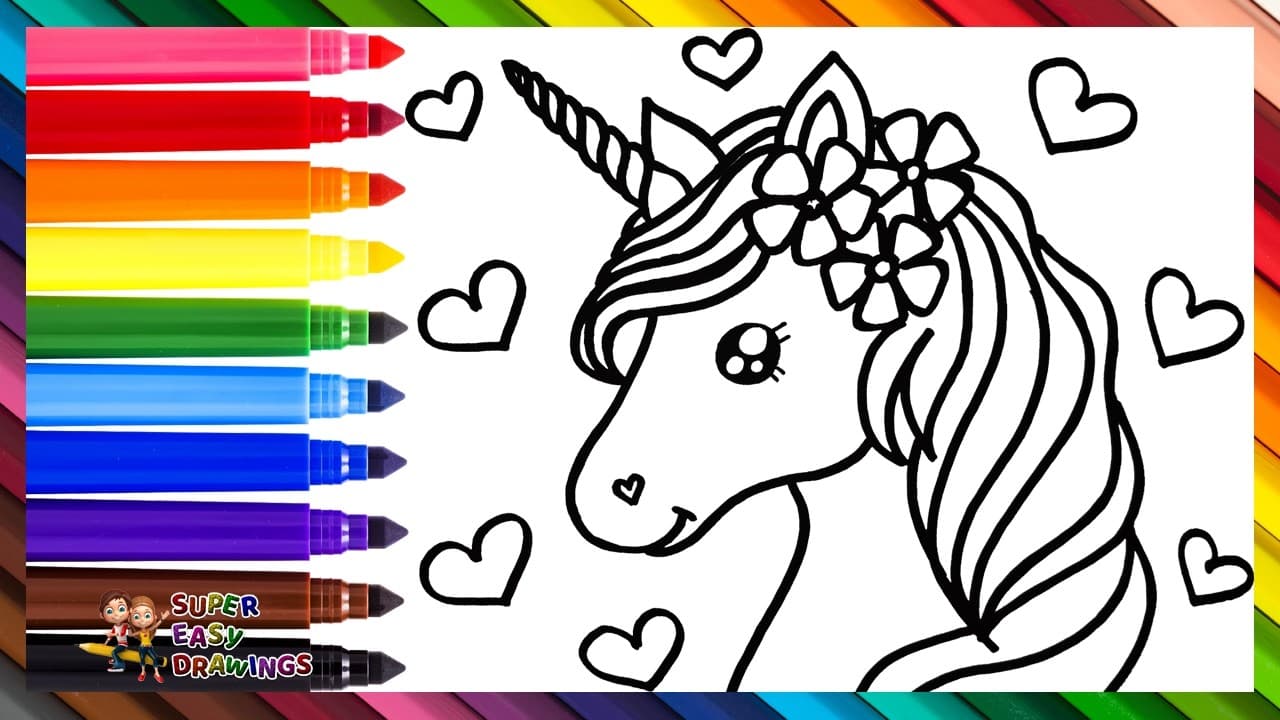 Preview of Draw And Color A Cute Unicorn π¦β€οΈπ§‘πππππ Drawings For Kids