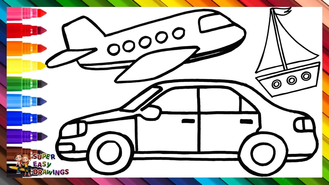 Preview of Draw and Color 3 Vehicles: a Car, a Boat, and an Airplane ππ€βοΈπ Drawings for Kids