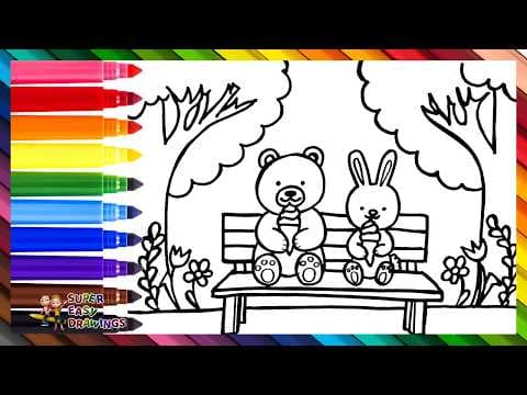 Preview of Draw and Color a Cute Bear and a Cute Bunny Eating Ice Cream 🐻🍦🐰🌈 Drawings for Kids