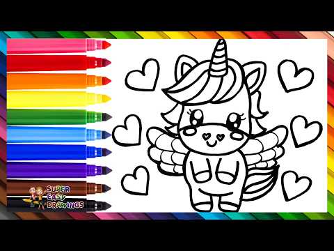 Preview of Draw And Color A Cute Unicorn 🦄☁️❤️🧡💛💚💙💜🌈 Drawings For Kids