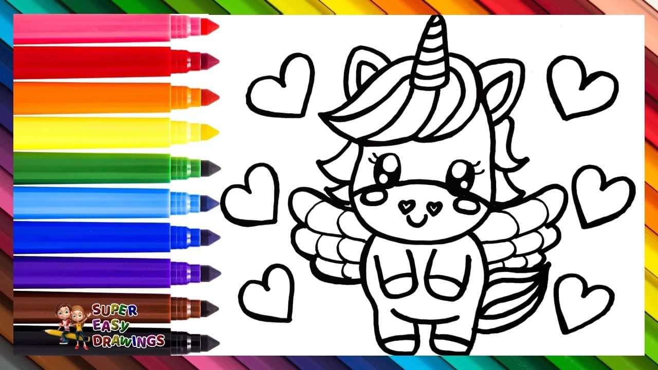 Preview of Draw And Color A Cute Unicorn π¦βοΈβ€οΈπ§‘πππππ Drawings For Kids