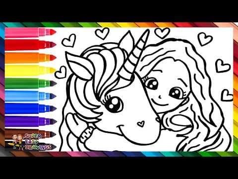 Preview of Draw and Color a Princess with a Unicorn 👸🦄❤️🧡💛💚💙💜🌈 Drawings for Kids