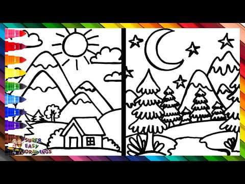 Preview of Draw and Color a Day Landscape vs a Night Landscape 🏠🌲🏞️⛅🌙🌠🌈 Drawings for Kids