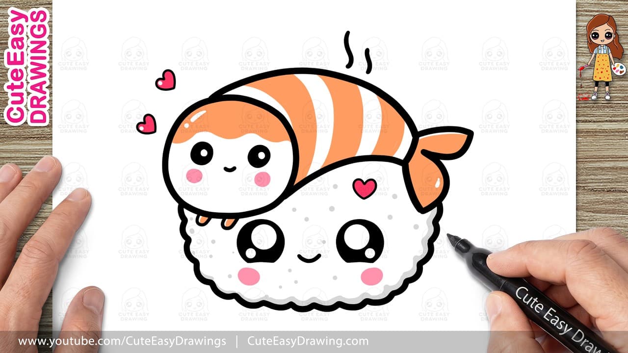 Preview of How to Draw a Cute Shrimp Sushi Easy Step by Step | Kawaii Sushi Drawing for Kids and Toddlers!