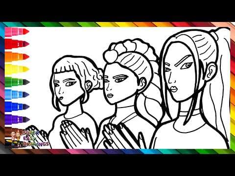 Preview of Draw and Color Rumi, Mira, and Zoey from K-POP Demon Hunters 👩🎤✨😈👹🗡️🌈 Drawings for Kids