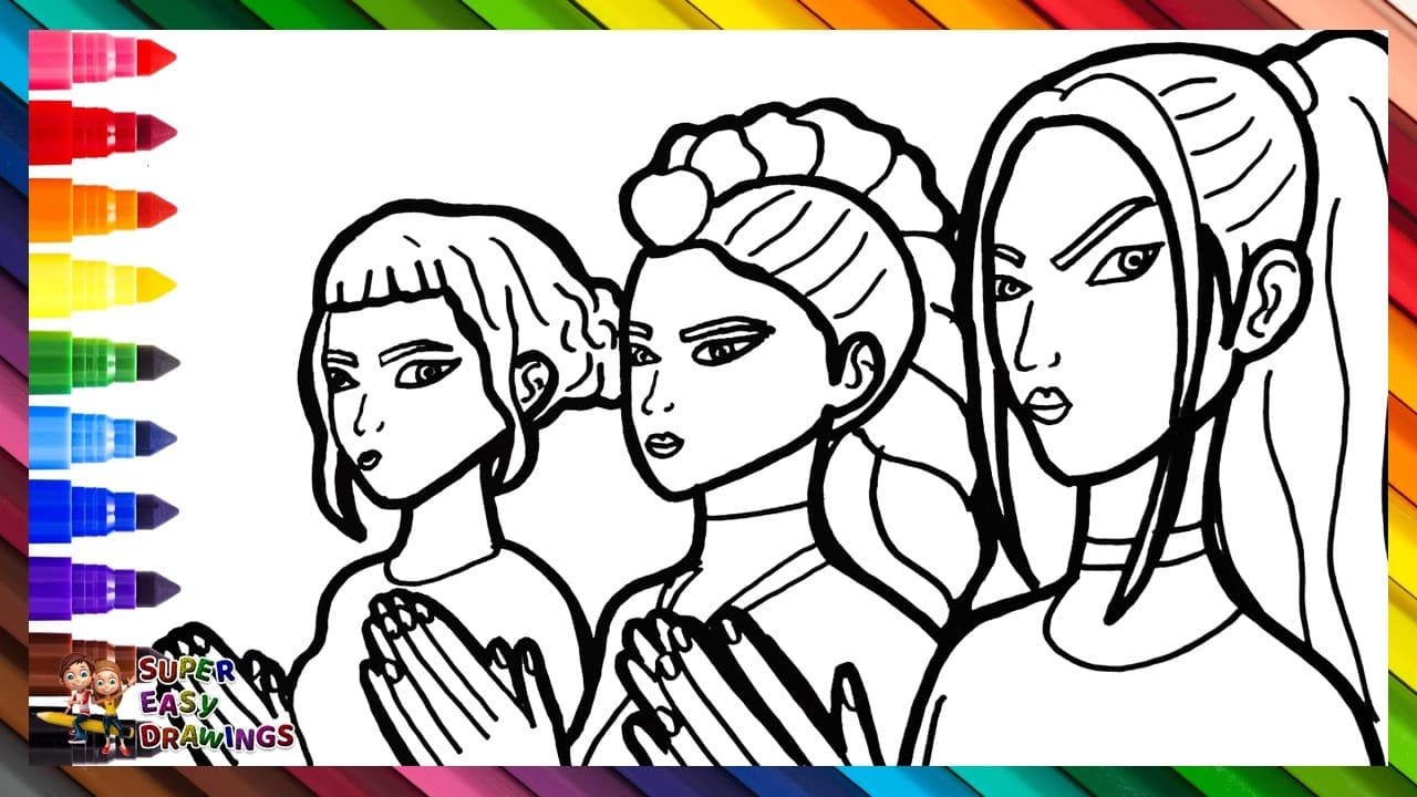 Preview of Draw and Color Rumi, Mira, and Zoey from K-POP Demon Hunters π©βπ€β¨ππΉπ‘οΈπ Drawings for Kids
