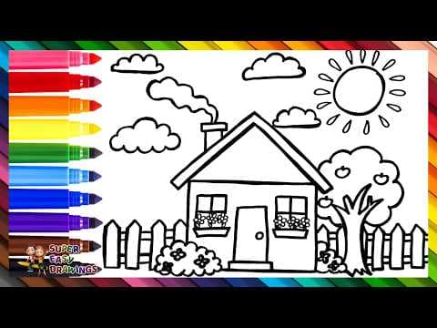 Preview of Draw and Color a House with a Garden 🏡🌳☀️☁️🌈 Drawings for Kids
