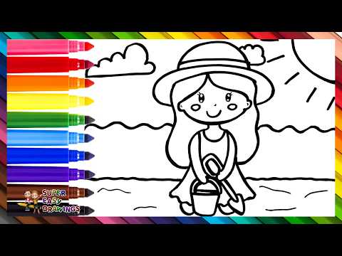 Preview of Draw and Color a Girl on the Beach 👧👒🏖️🌞🌈 Drawings for Kids