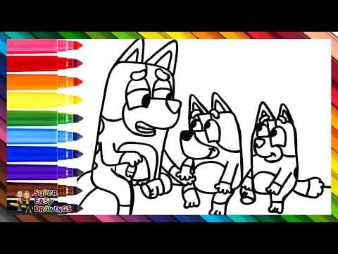 Preview of Draw and Color Bluey and Bingo with Their Mom 🐶🐕❤️ Drawings for Kids