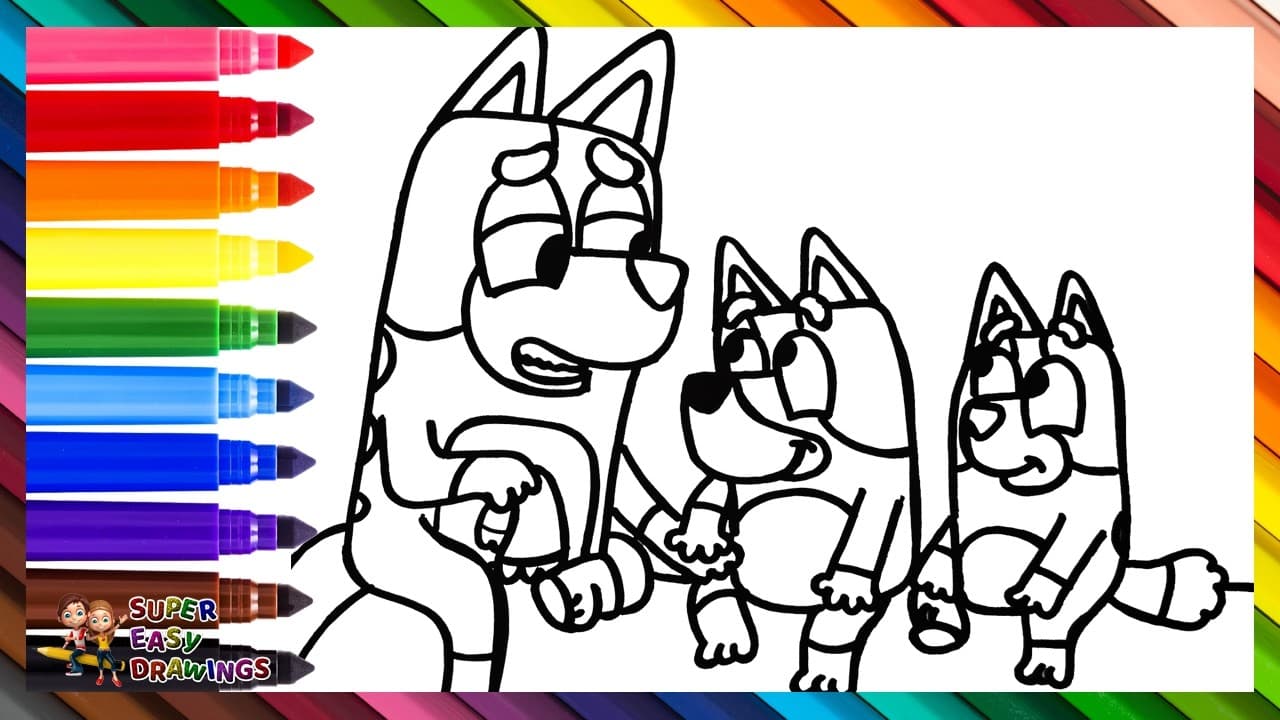 Preview of Draw and Color Bluey and Bingo with Their Mom πΆπβ€οΈ Drawings for Kids