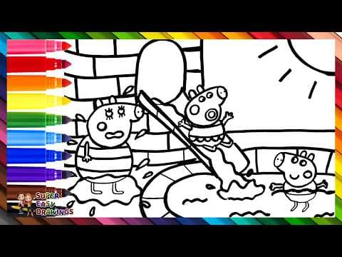 Preview of Draw and Color A Peppa Pig and George Pig with Mummy Pig at a Water Park 🐷💦🛝🌈 Drawings for Kids
