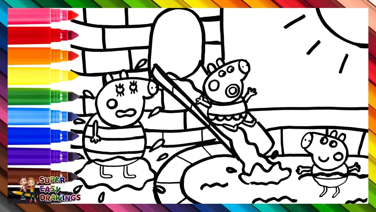 Preview of Draw and Color A Peppa Pig and George Pig with Mummy Pig at a Water Park ๐ท๐ฆ๐๐ Drawings for Kids