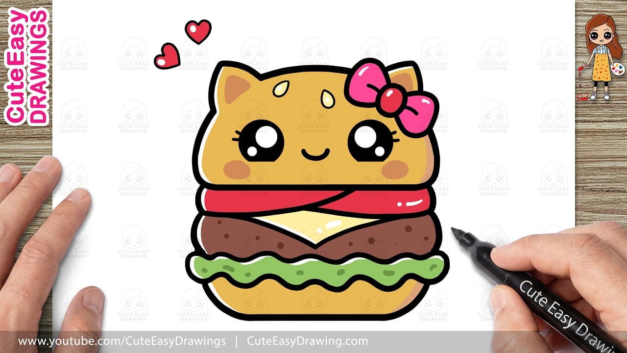 Preview of How to Draw a Cute Burger | Easy Kawaii Food Drawing for Kids and Toddlers!