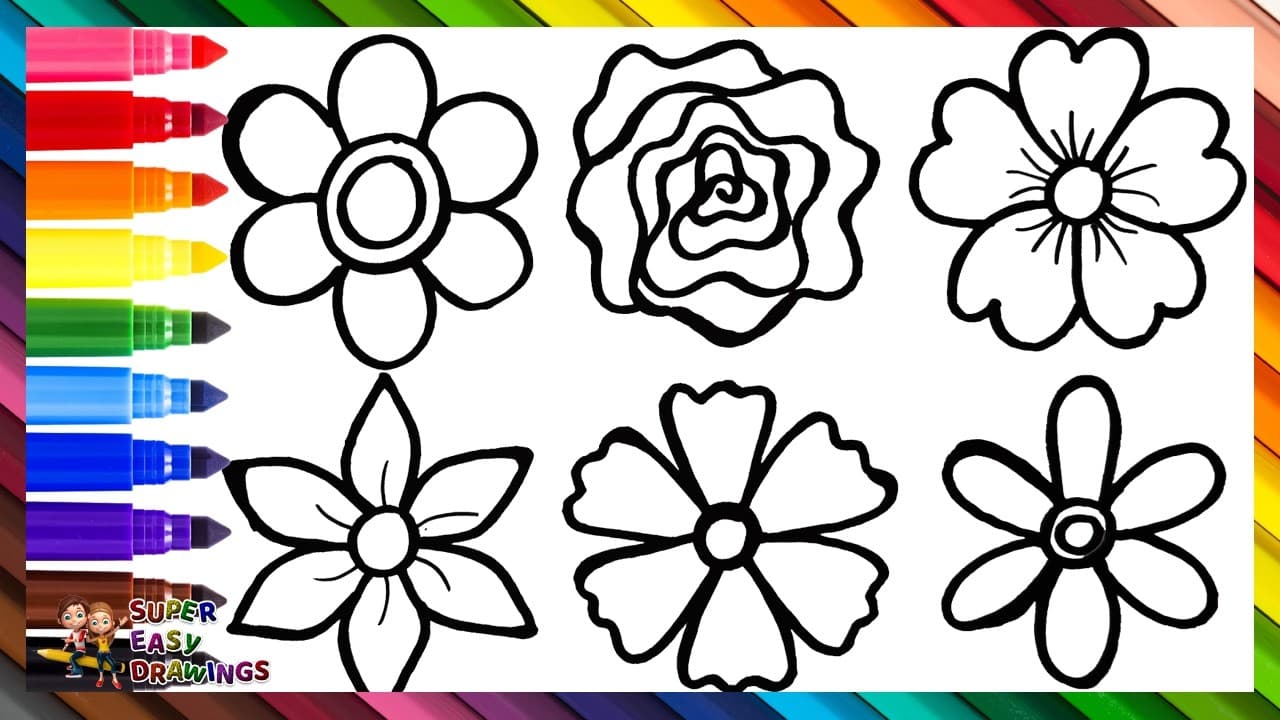 Preview of Draw and Color 6 Flowers πΊπΌπ»π·πΉπΈπ Drawings for Kids