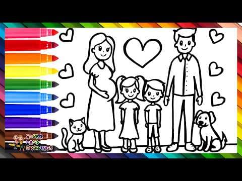 Preview of Draw And Color A Family With Their Pets 👩🐱🤰👧👨👦🐶❤️ Parents, Children And Pets 👨👩👧👧🐱🐶�