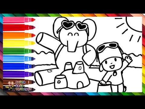 Preview of Draw and Color Pocoyó and Elly at the Beach 👶🏖️🐘🌴🕶️ Drawings for Kids