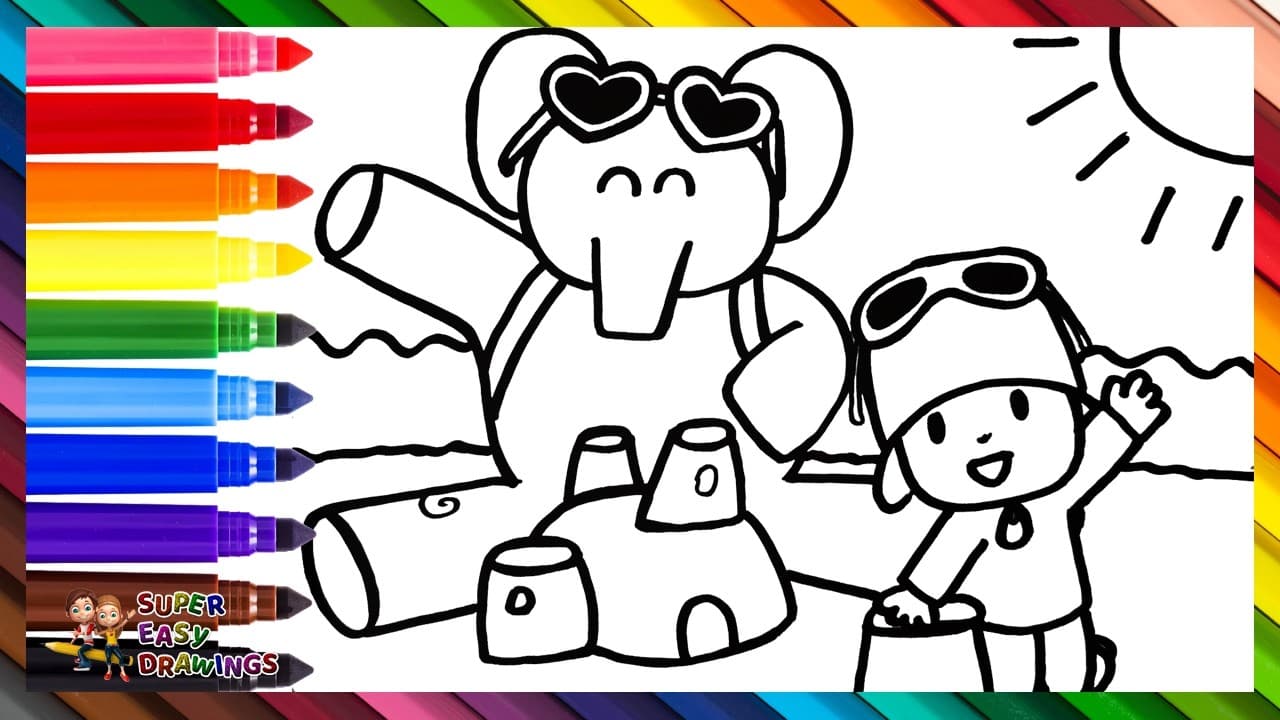 Preview of Draw and Color Pocoyó and Elly at the Beach 👶🏖️🐘🌴🕶️ Drawings for Kids