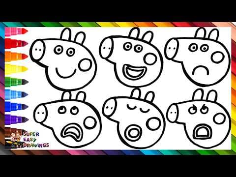 Preview of Draw and Color Peppa Pig and Her Different Emotions 🐷🙂😀🙁😡😴😨🌈 Drawings for Kids