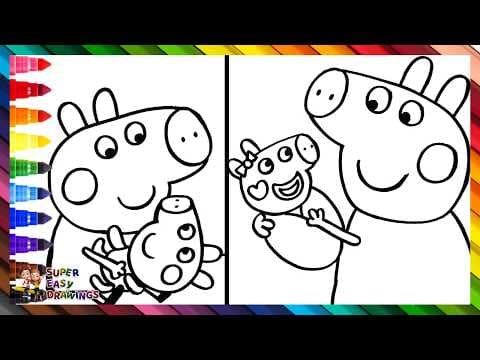 Preview of Draw and Color Peppa Pig with Baby George Pig and Baby Evie Pig 🐷🐷🐷🍼💗🌈 Drawings for Kids