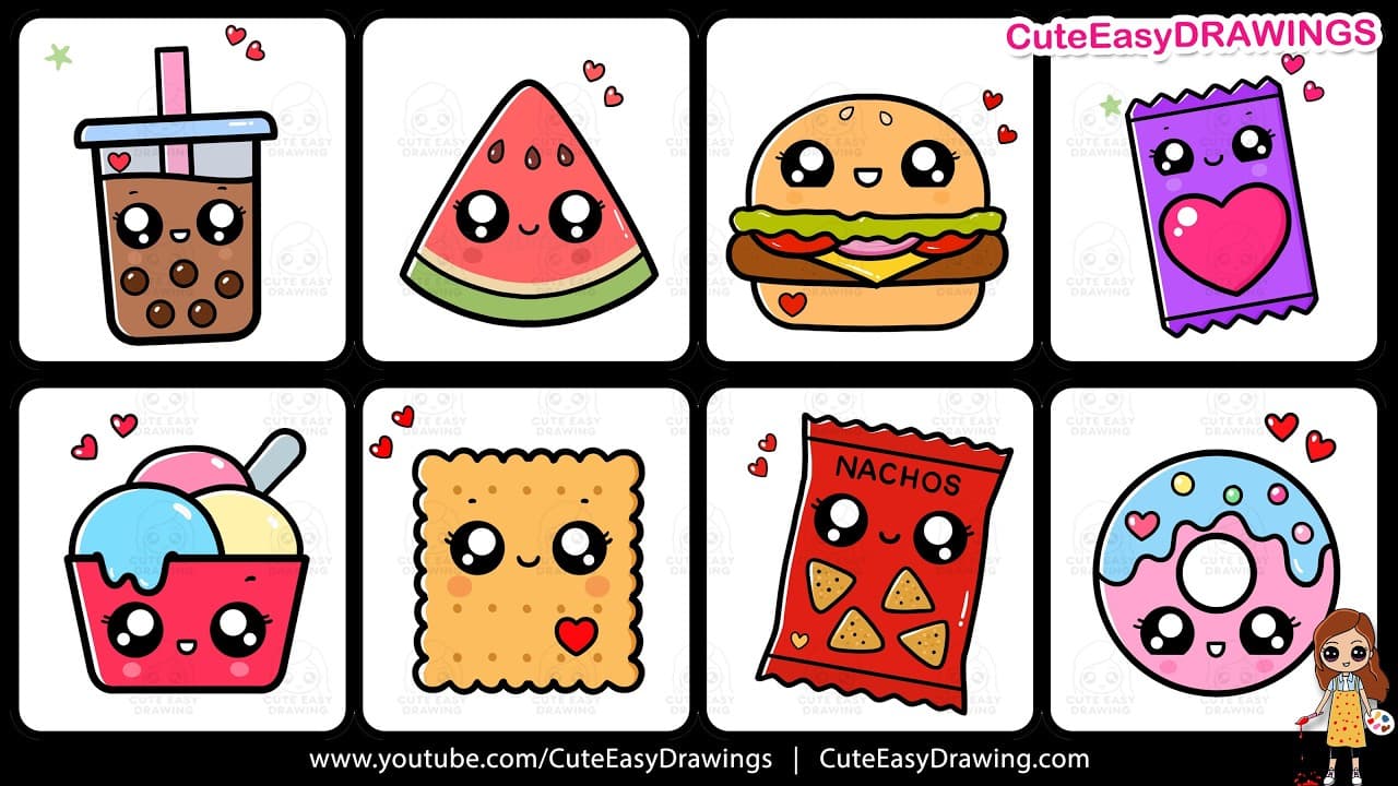 Preview of How to Draw Cute Kawaii Snacks & Treats Step by Step π© 8 Easy Food Drawings Tutorial