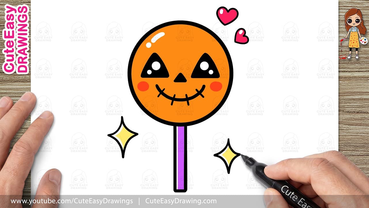 Preview of How to Draw a Cute Halloween Lollipop Easy Step-by-Step | Kawaii Pumpkin Candy Drawing!