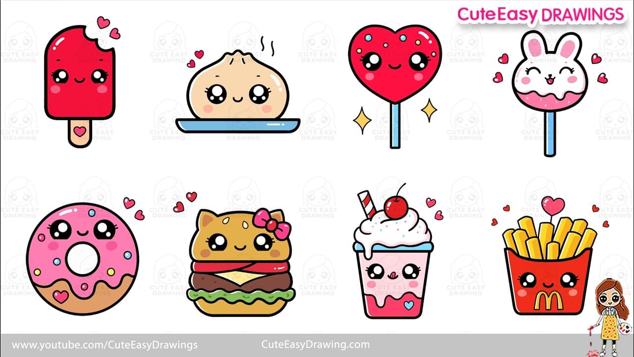 Preview of How to Draw Cute Kawaii Snacks & Treats Easy Step by Step | 8 Easy Food Drawings Tutorial
