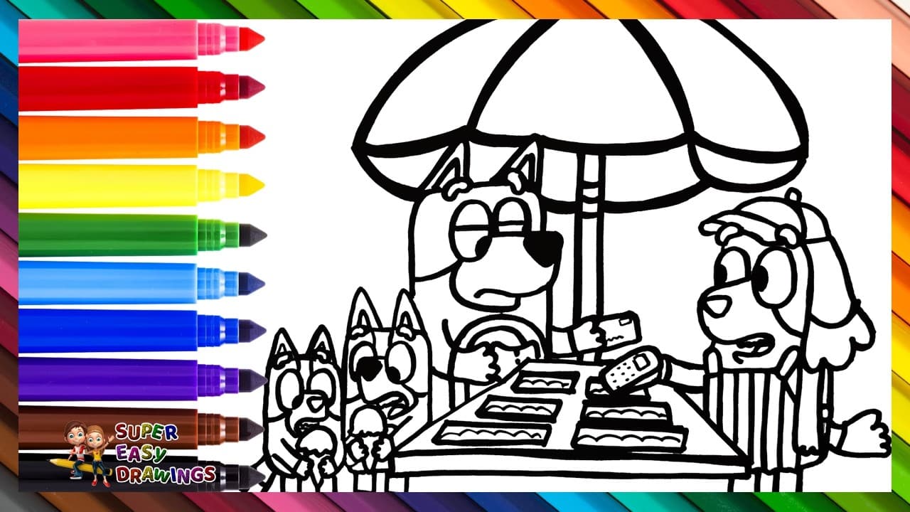 Preview of Draw and Color Bluey, Bingo, and Bandit Buying Ice Cream 🐶🍦🟡🔴 Drawings for Kids