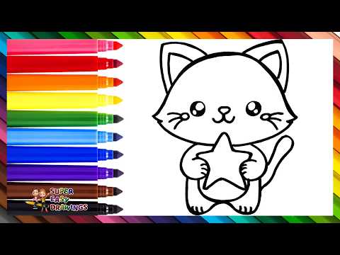 Preview of Draw And Color A Cute Cat Holding A Star 🐱⭐🌈 Drawings For Kids