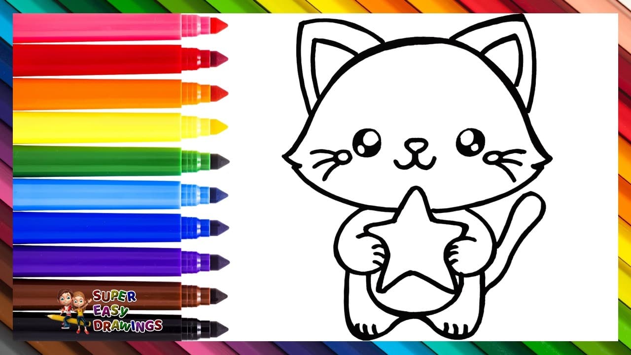 Preview of Draw And Color A Cute Cat Holding A Star π±βπ Drawings For Kids