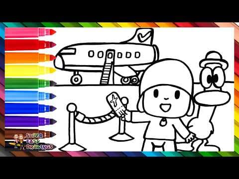 Preview of Draw and Color Pocoyo and Pato at an Airport 👶🦆🛫 Drawings for Kids