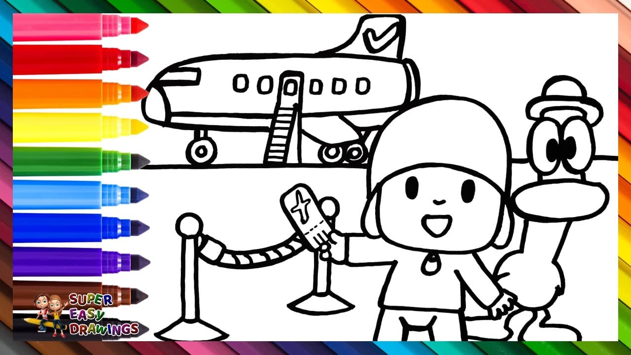 Preview of Draw and Color Pocoyo and Pato at an Airport πΆπ¦π« Drawings for Kids