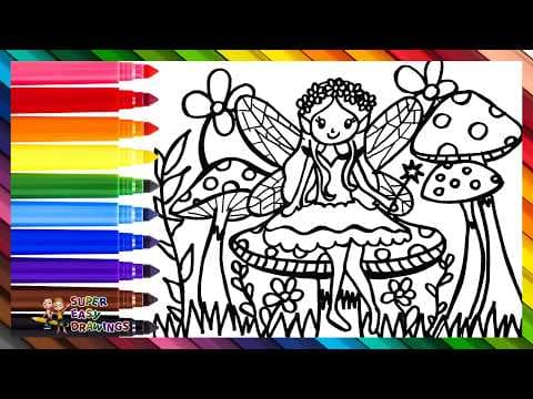 Preview of Draw and Color a Cute Fairy Among Flowers and Mushrooms 🧚♀️🪄✨🌼🍄🌈 Drawings for Kids