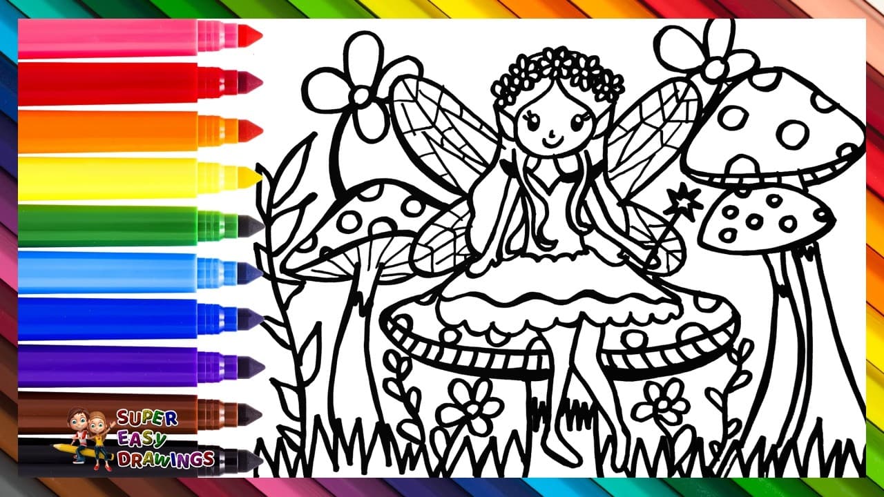 Preview of Draw and Color a Cute Fairy Among Flowers and Mushrooms ๐งโโ๏ธ๐ชโจ๐ผ๐๐ Drawings for Kids