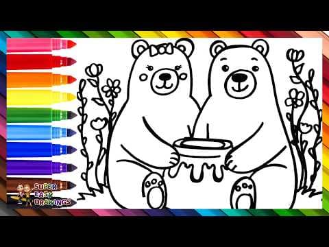 Preview of Draw and Color 2 Cute Little Bears with a Pot of Honey 🐻🍯🐻🐝🌈 Drawings for Kids