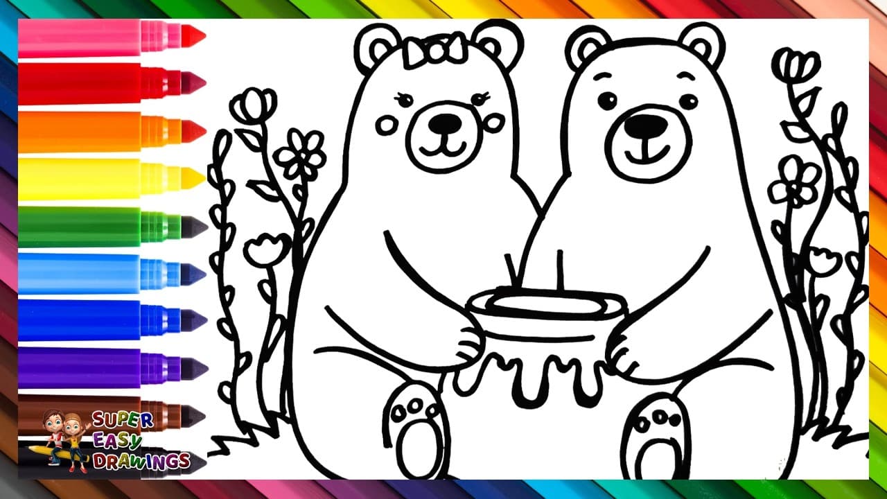 Preview of Draw and Color 2 Cute Little Bears with a Pot of Honey π»π―π»ππ Drawings for Kids