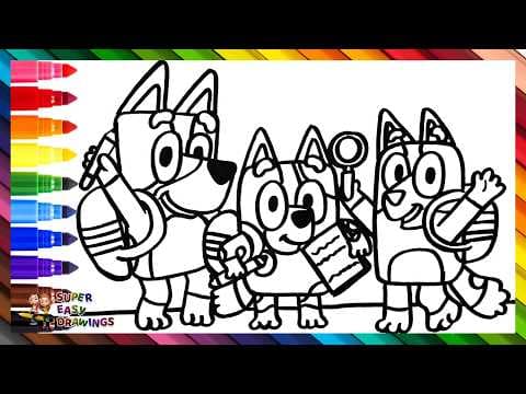 Preview of Draw and Color Bluey and Bingo Going Back to School 🐶🎒✏️📒🐶🏫🌈 Drawings for Kids