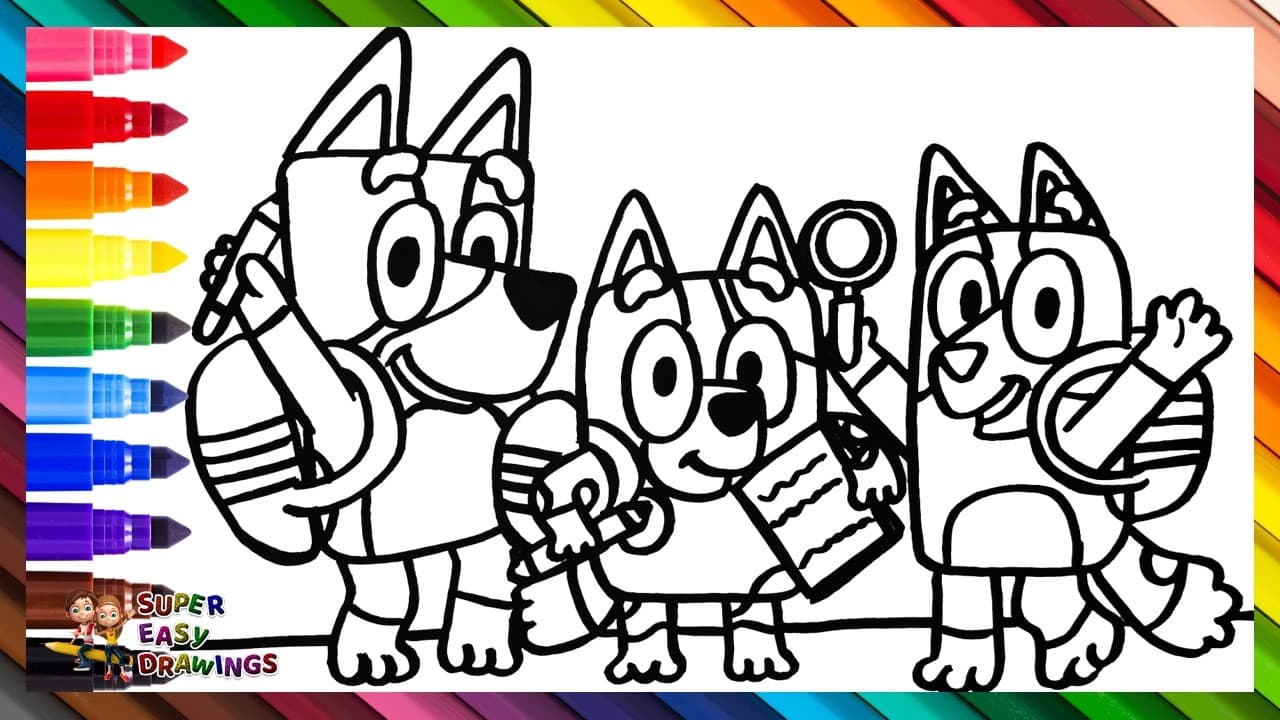 Preview of Draw and Color Bluey and Bingo Going Back to School πΆπβοΈππΆπ«π Drawings for Kids