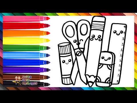 Preview of Draw and Color Cute School Supplies ✏️✂️📏🏫🌈 Drawings for Kids